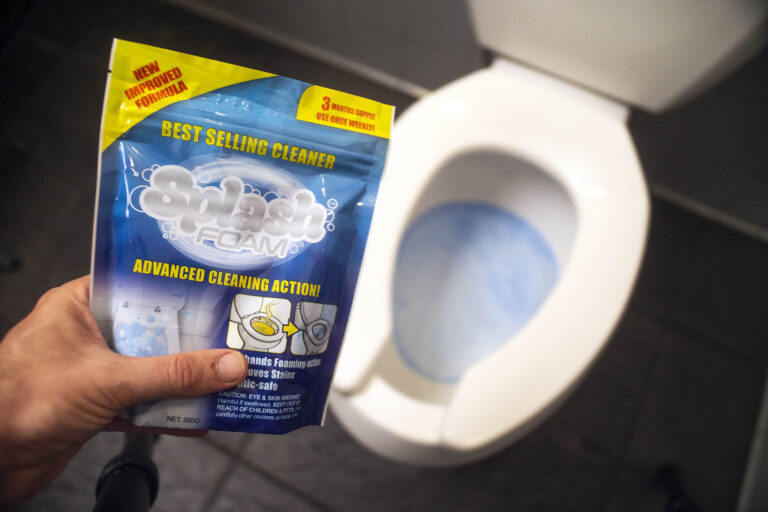 A bag of Splashfoam over toilet.